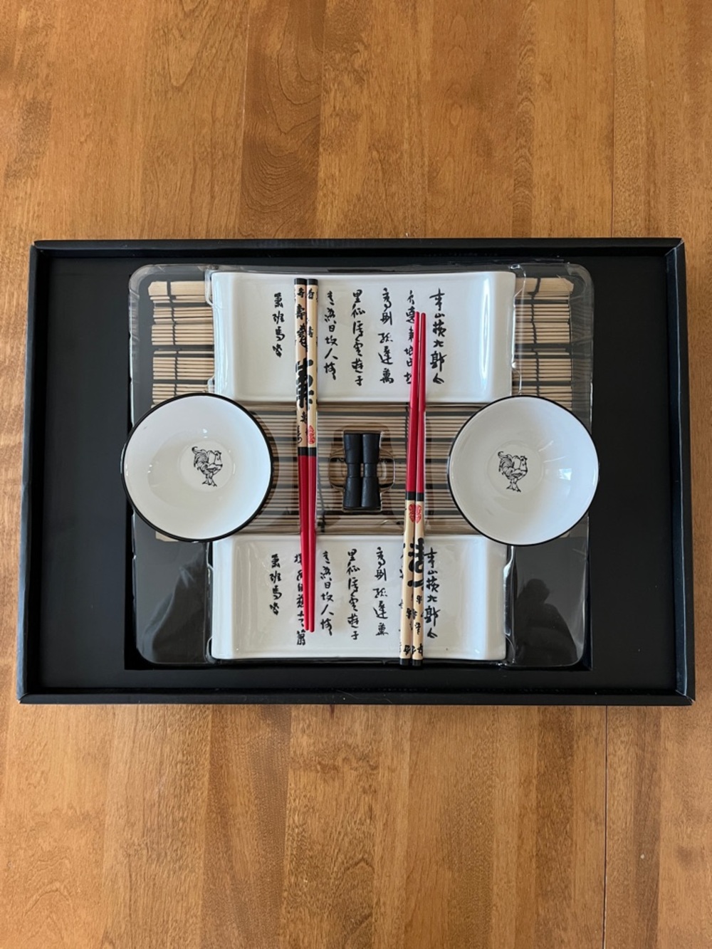 Vintage Sushi Serving Set with Rooster & Calligraphy and Red Chopsticks
